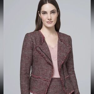 White House Black Market Moto Houndstooth Tweed Jacket with Fringe Trim